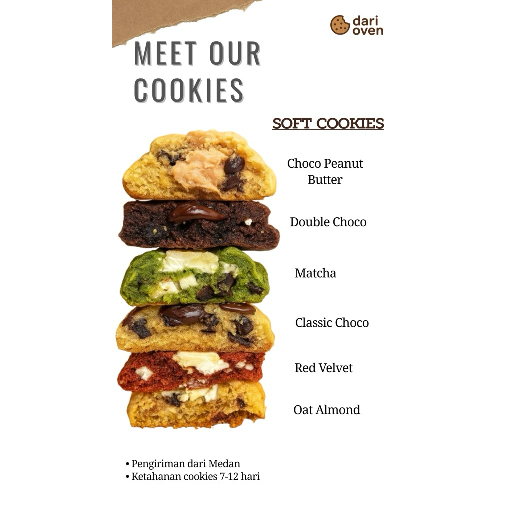 Soft Cookies Classic, Double Chocolate, Red Velvet, Matcha, Oatmeal Almond & Choco Peanut Butter