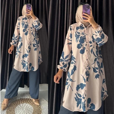 Munna Tunik Set Celana Setelan Tunik Wanita Motif Bunga Panjang Muslim