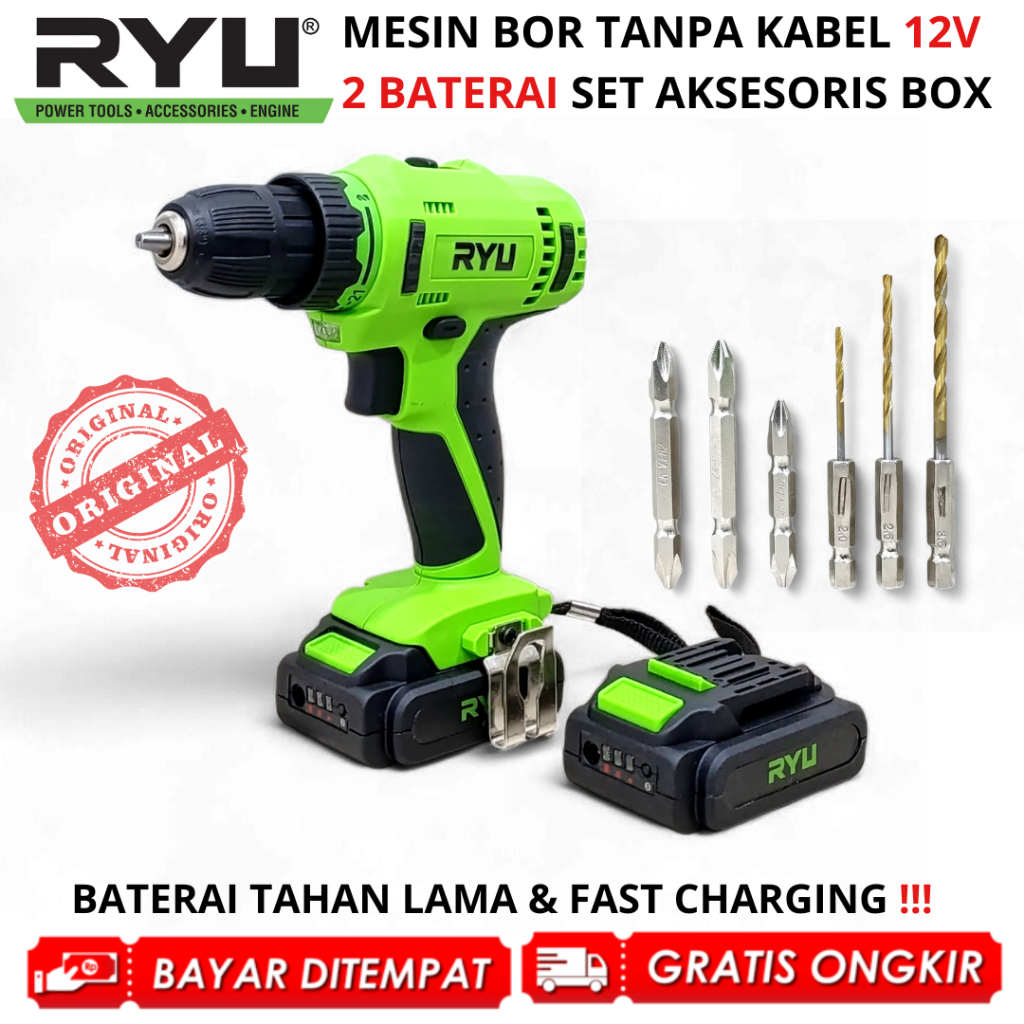 RYU Mesin Bor Baterai 12V 10mm 2 Speed Bolak Balik Tanpa Kabel Bor Tangan Cordless RCD 12V ORIGINAL