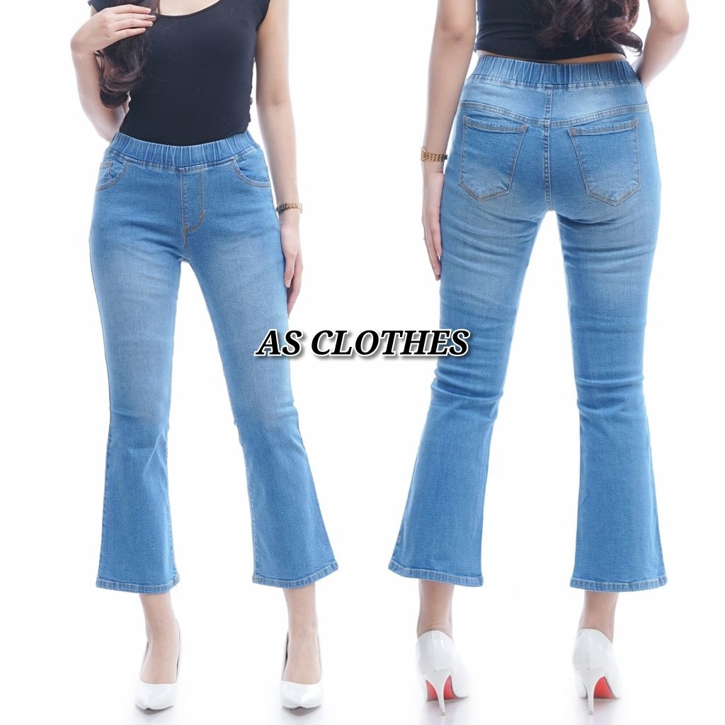 Celana Jeans 7/9 Cutbray Wanita Pinggang Karet Elastis Premium