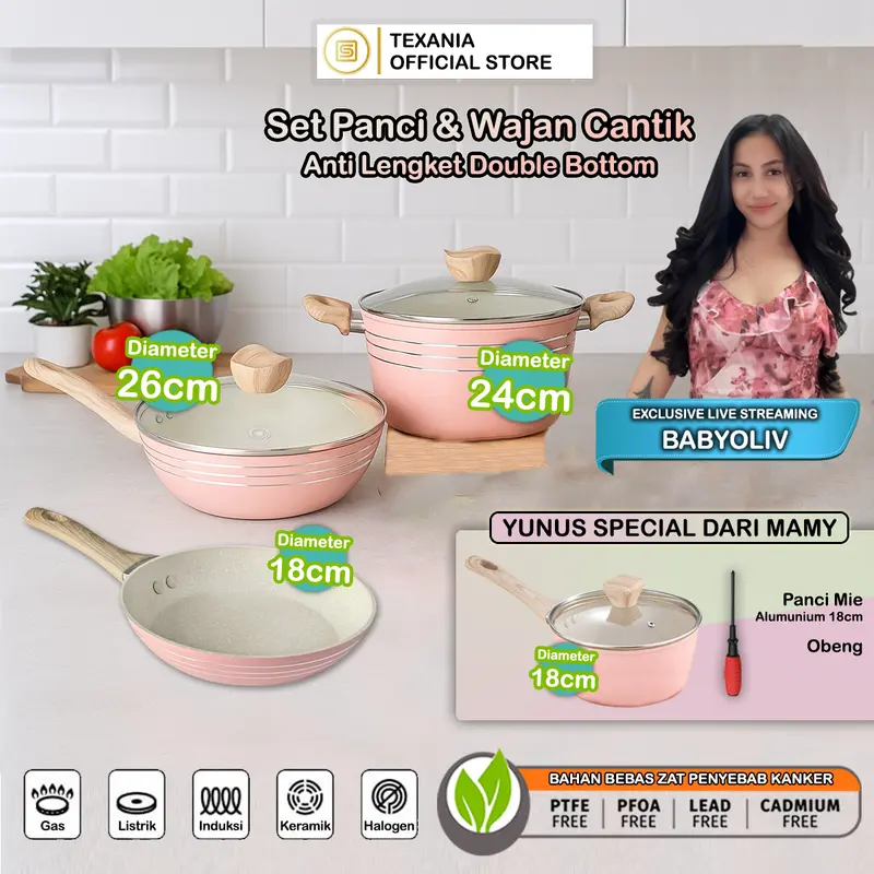 TEXANlA Set Wajan & Panci Cantik Anti Lengket Bahan Alumunium Double Bottom Ukuran 18,18,24,26cm Fre