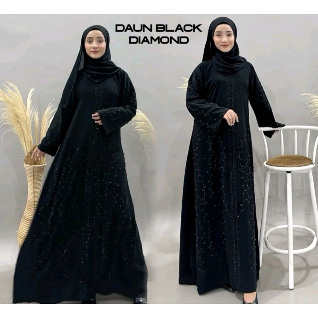 Abaya games hitam wanita Muslim dewasa mata mutiara daun black busui friendly