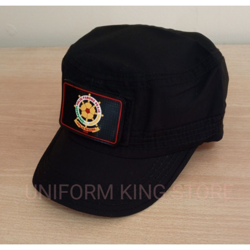 TOPI KOMANDO HITAM SATPOL PP 2 PATCH - TOPI KOMANDO SATPOL PP TEMPELAN PEREKAT 2 PATCH RUBBER