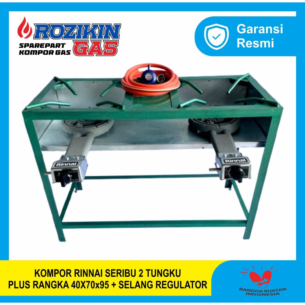 1 SET KOMPOR RINNAI SUMBU SERIBU 2 TUNGKU RANGKA L 40 P 95 T 70 PLUS SELANG REGULATOR