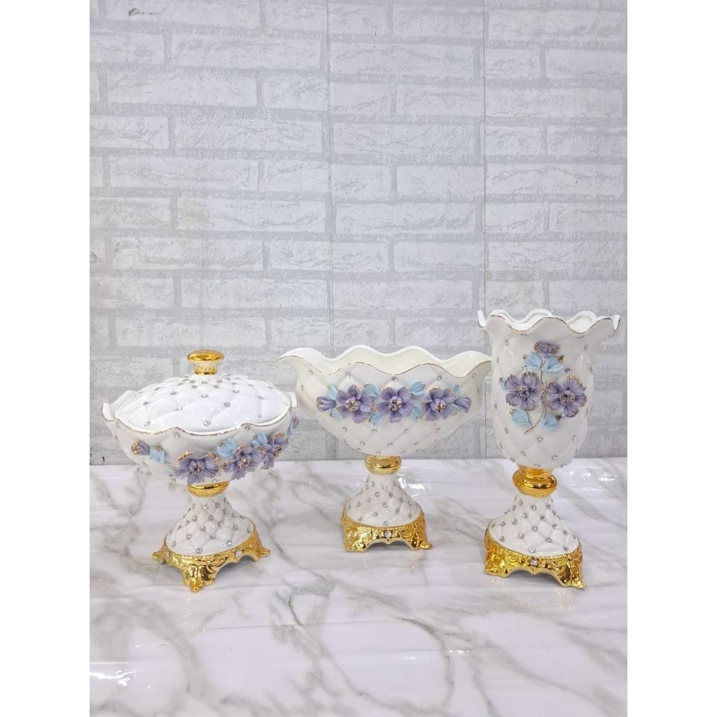 Pajangan toples vas porselin bunga timbul ungu 3 pc set/ hiasan lemari guci keramik import