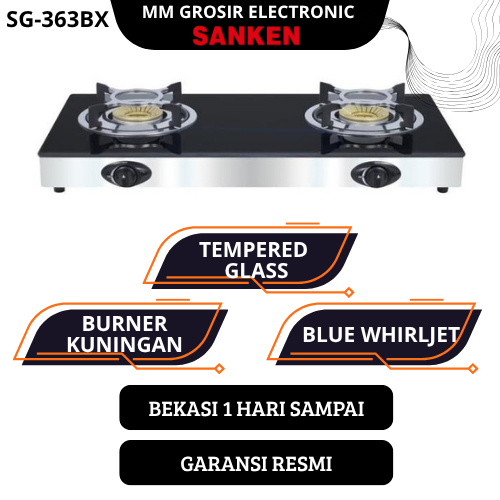 SANKEN KOMPOR GAS 2 TUNGKU SG-363 BX SG363BX SG 363 TEMPERED GLASS KUNINGAN GARANSI RESMI BEKASI