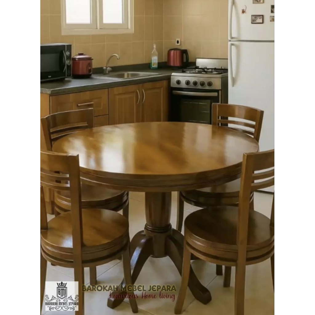 meja makan bulat minimalis jati kursi 4