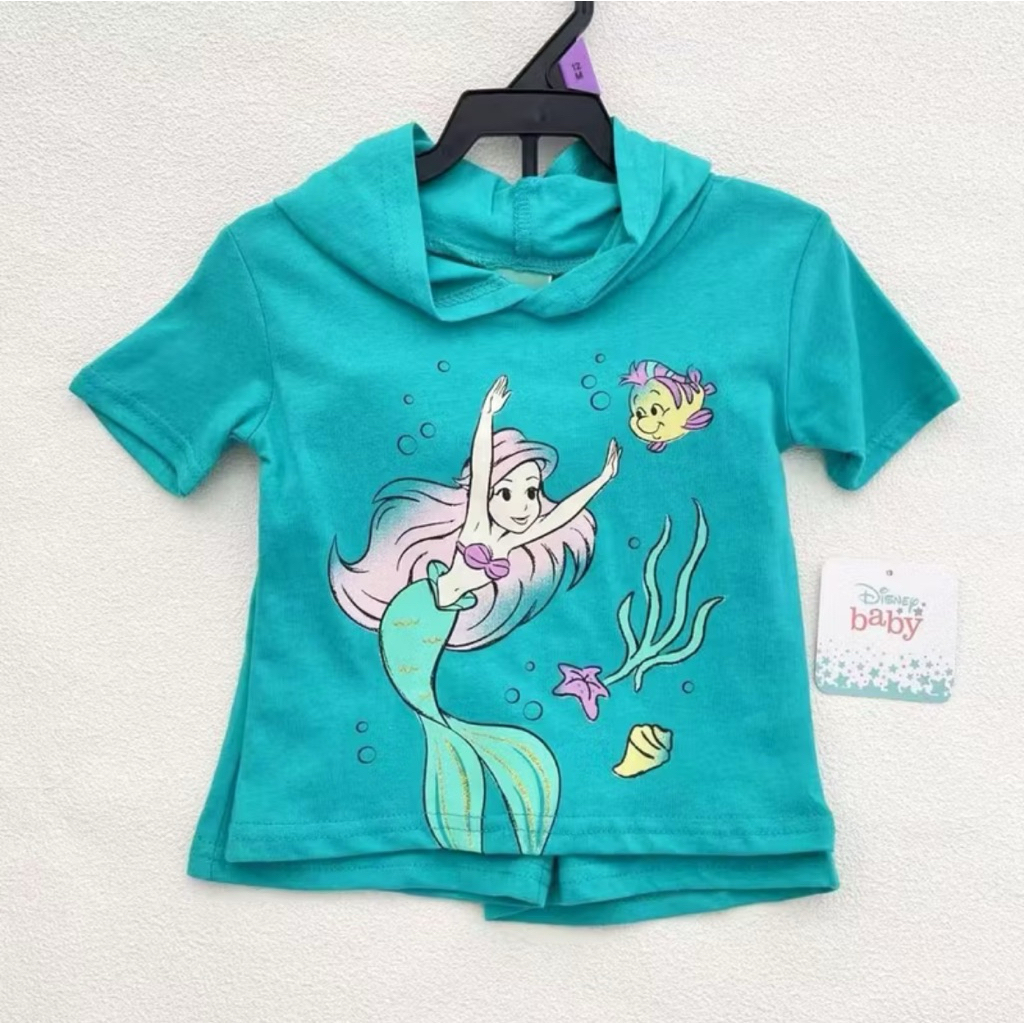 Kaos Anak Perempuan Disney Baby Ariel Hoodie Lengan Pendek Katun Adem