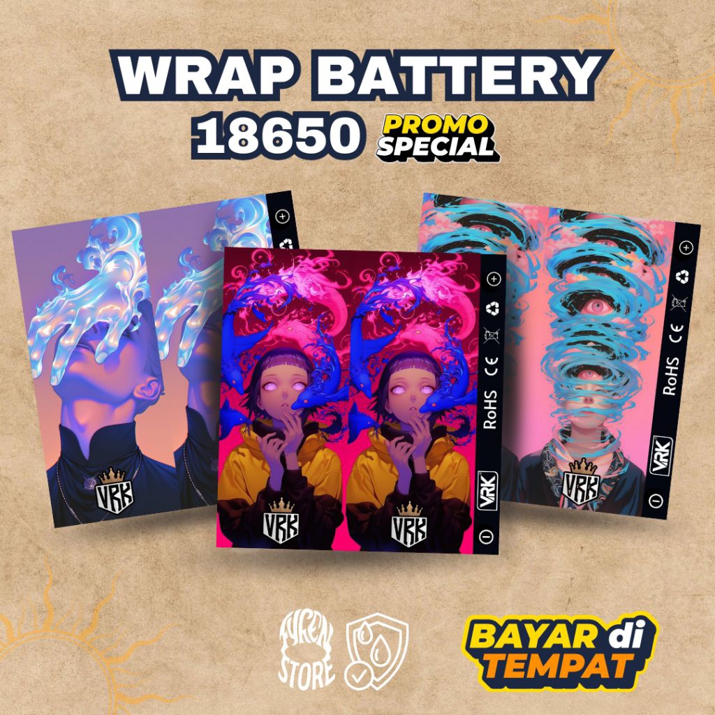Wrap Battery 18650 VRK – Pelindung Baterai Transparan dengan Stiker Desain VRK, Tampilan Lebih Keren
