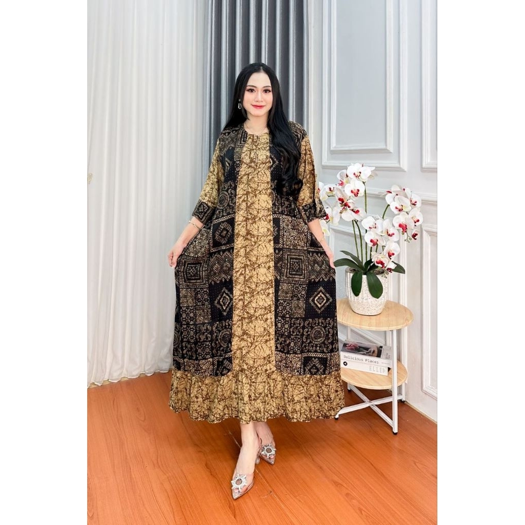 DRESS JUMBO LD 130 RAYON TEBAL (MUAT BB 50-100KG) MOTIF SOGAN BUSUI REMPEL KEKINIAN | DASTER JUMBO L