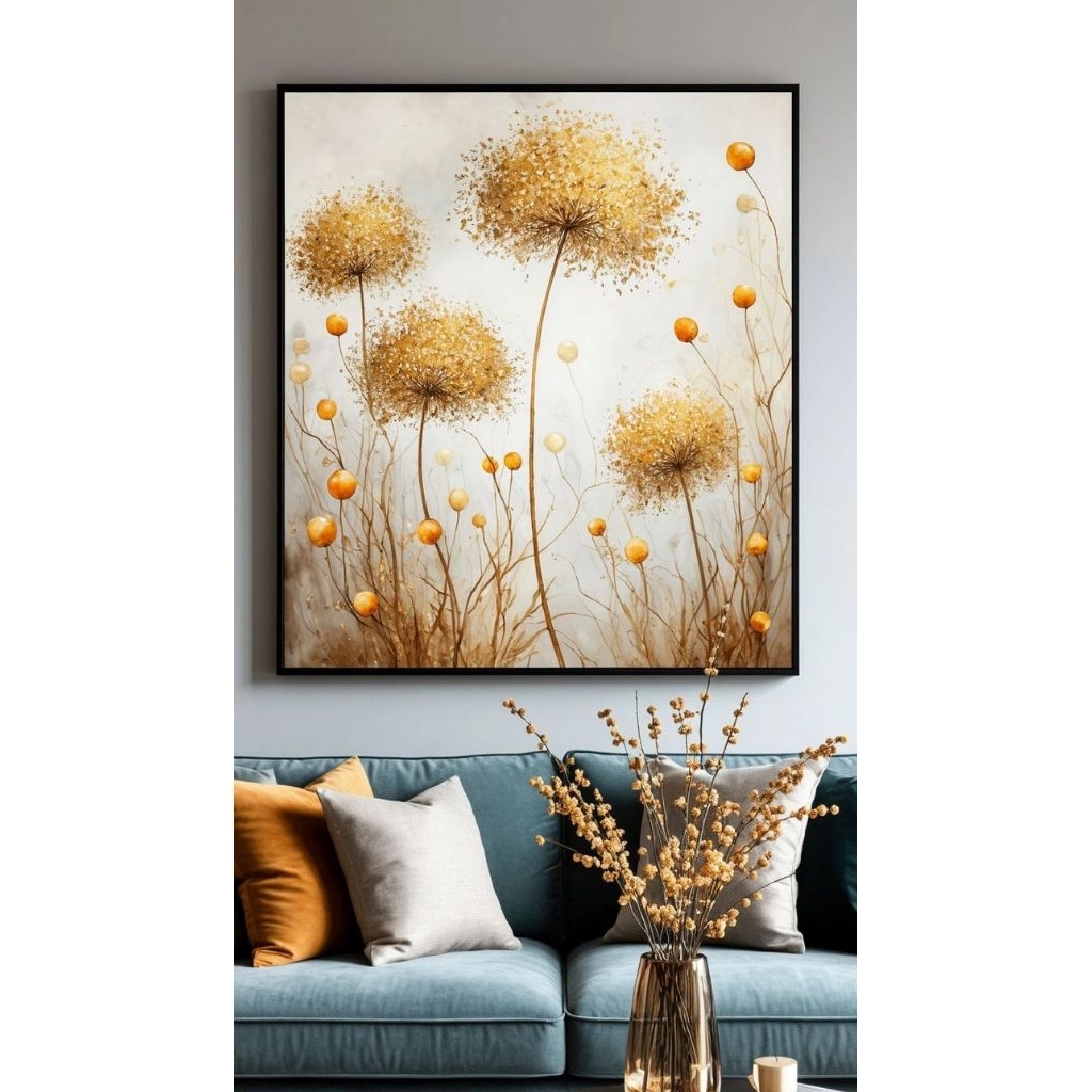 lukisan bunga dandelion modern tekstur timbul