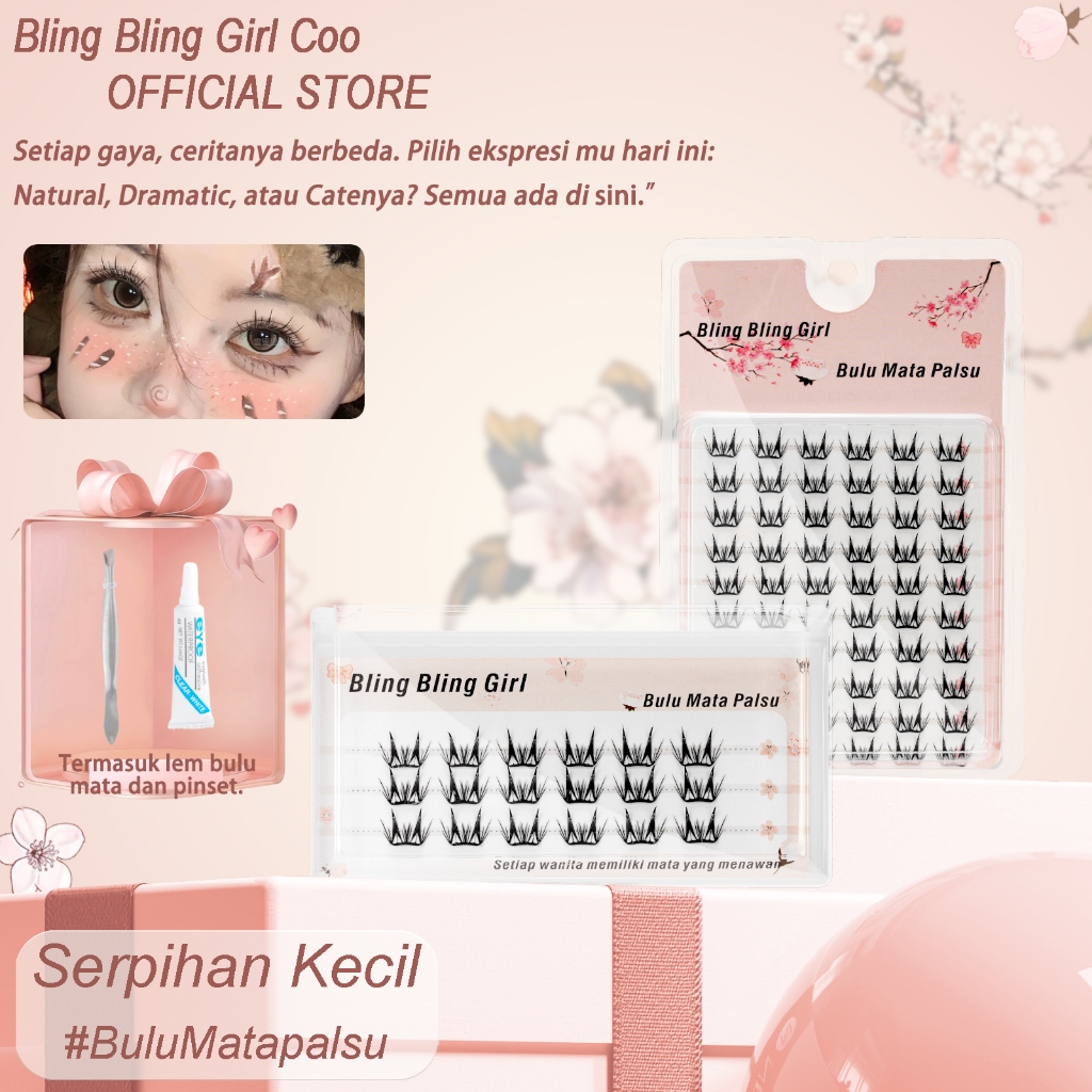 Bling Bling Girl Serpihan Kecil Bulu Mata Palsu 3 Baris Terasuk lem dan pinset