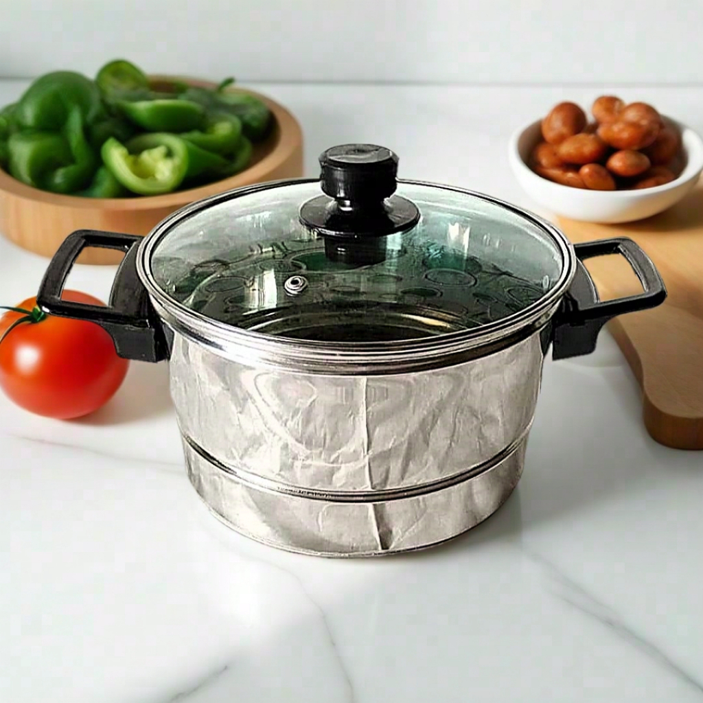 Dandang Panci Kukus Nasi Serbaguna Tutup Kaca Bahan Stainless Steel.