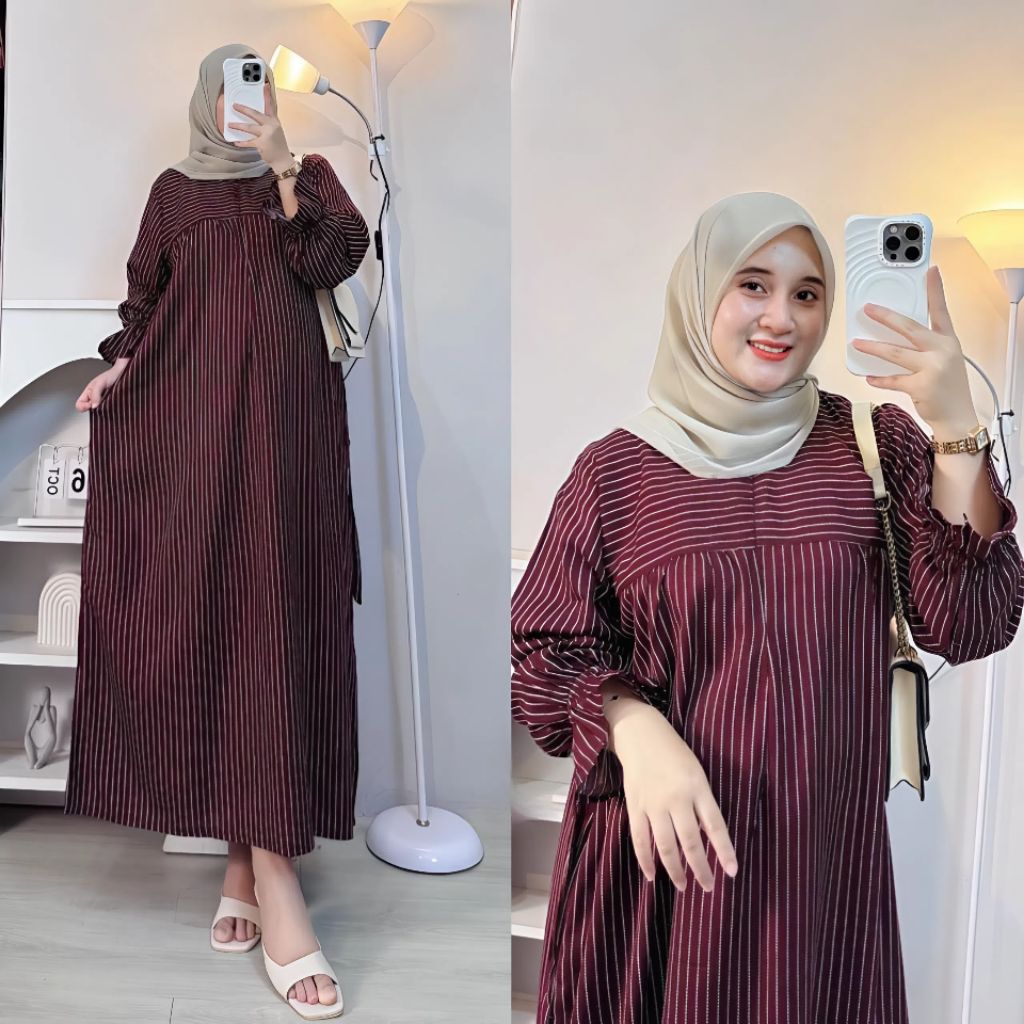 Sonia Midi Dress || Dress Wanita Busui Lengan Panjang Karet Smoke