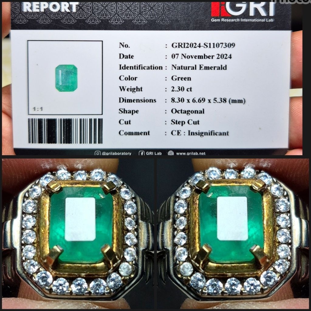 Natural Emerald Beryl insignificant 2.30 crt Zamrud Ring Perak Silver Memo GRI Lab