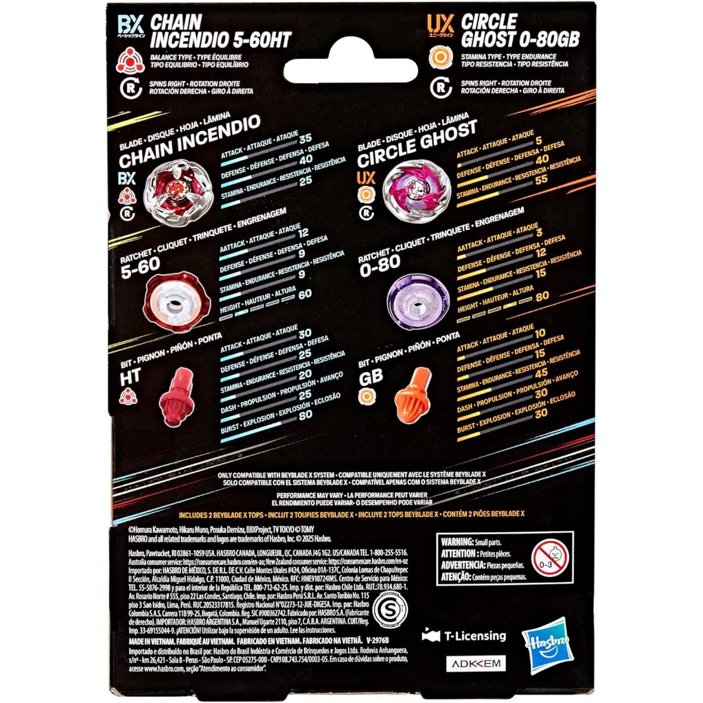 Beyblade X Circle Ghost 0-80GB UX & Chain Incendio 5-60HT BX Takara Tomy Dual Pack Set with 2 Right-