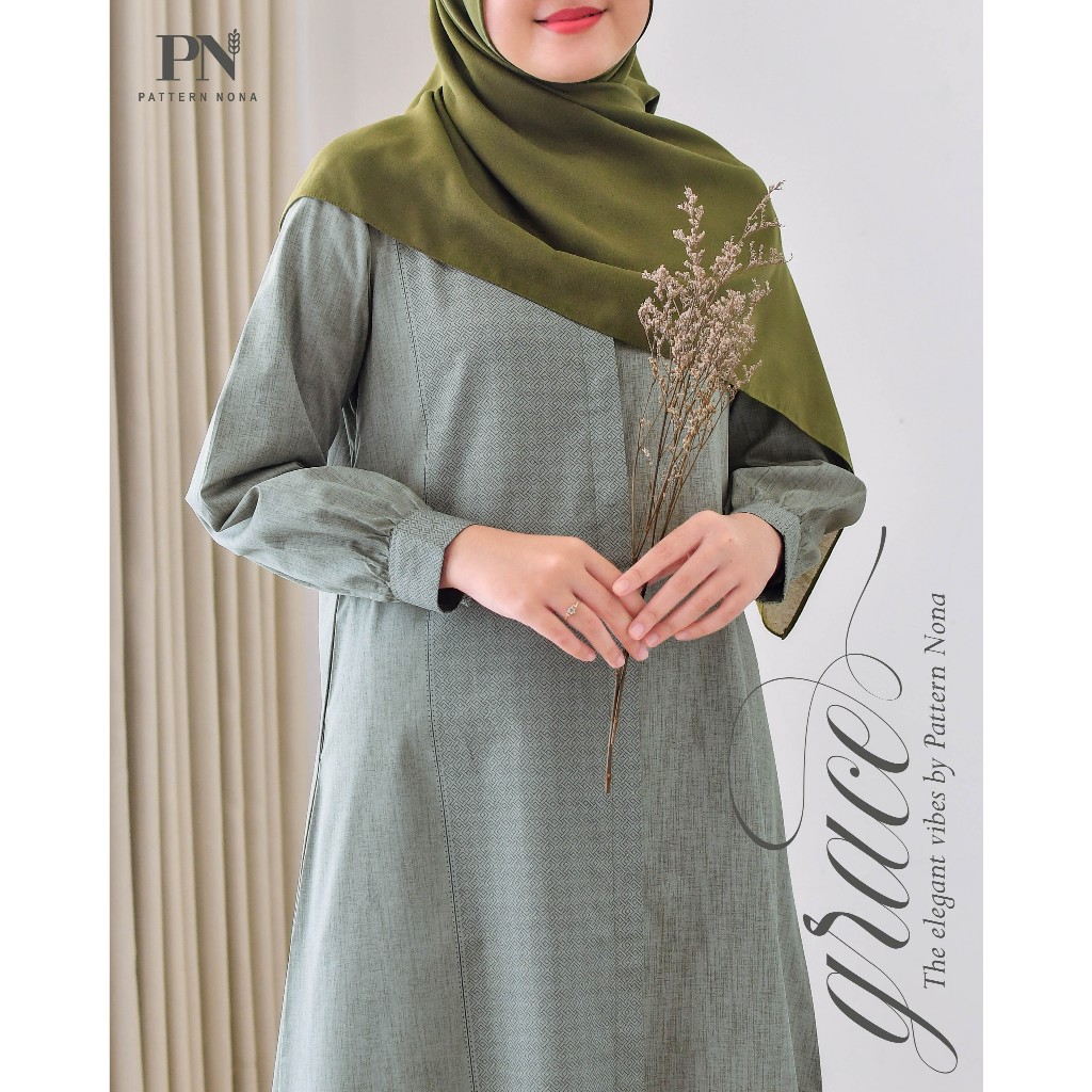Pattern Nona Dress Grace Sage Gamis Katun Premium