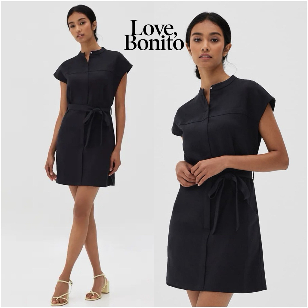 Love Bonito Julianna Linen Shirt Dress Black Semi Suede High Neck Belted Mini Dress Casual Date Beac