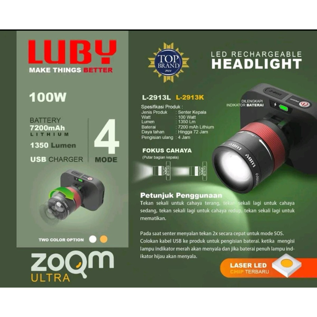 SENTER KEPALA ZOOM 100W  LUBY L-2913L/K & L-2912 PUTAR - TAHAN HINGGA 72JAM - CAHAYA TERANG - JARAK 