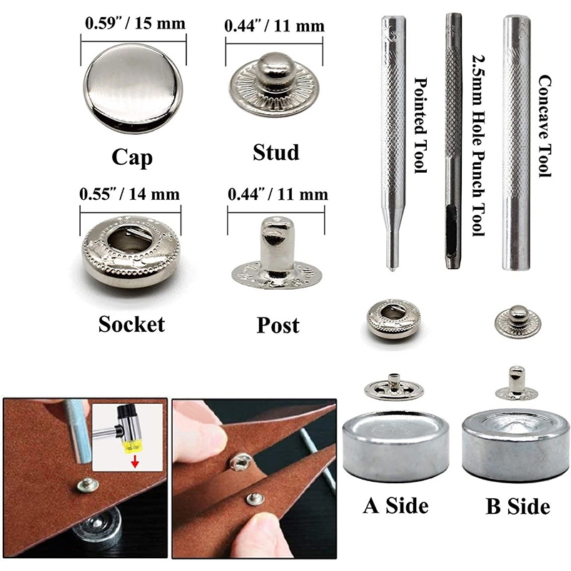12SET 15MM Kancing Jepret Besi Kancing Jepret Cetet Kancing Jepret Anti Karat + 4pcs Alat Pemasang K