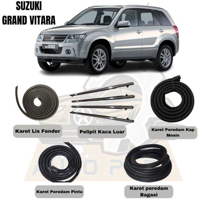 Karet Mobil Grand Vitara Lengkap – Lis Fender, Pelipit Kaca, Talang Air, Peredam Pintu & Bagasi