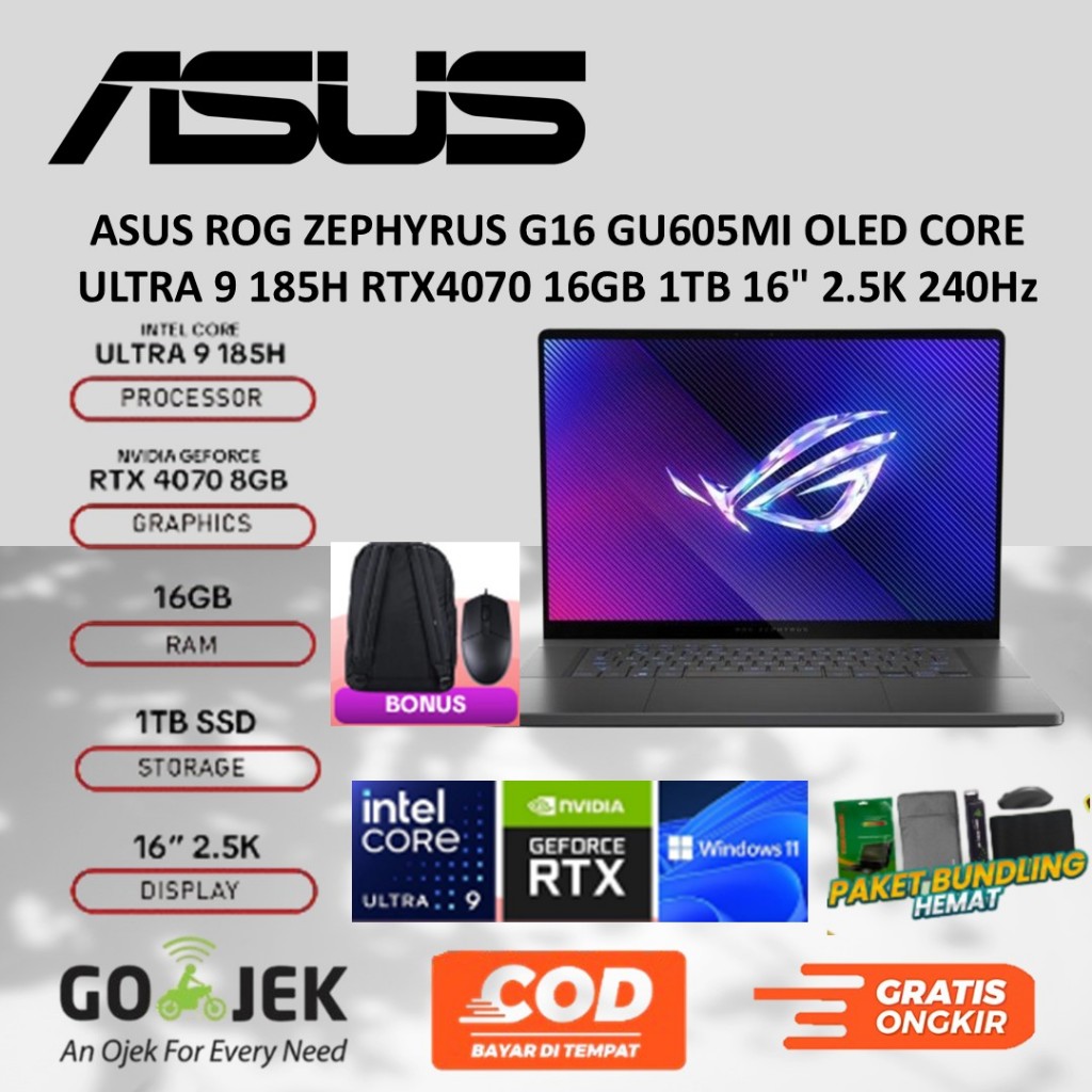 Asus ROG Zephyrus G16 GU605MI OLED RTX4070 8GB Ultra 9 185H 16GB 1TB W11