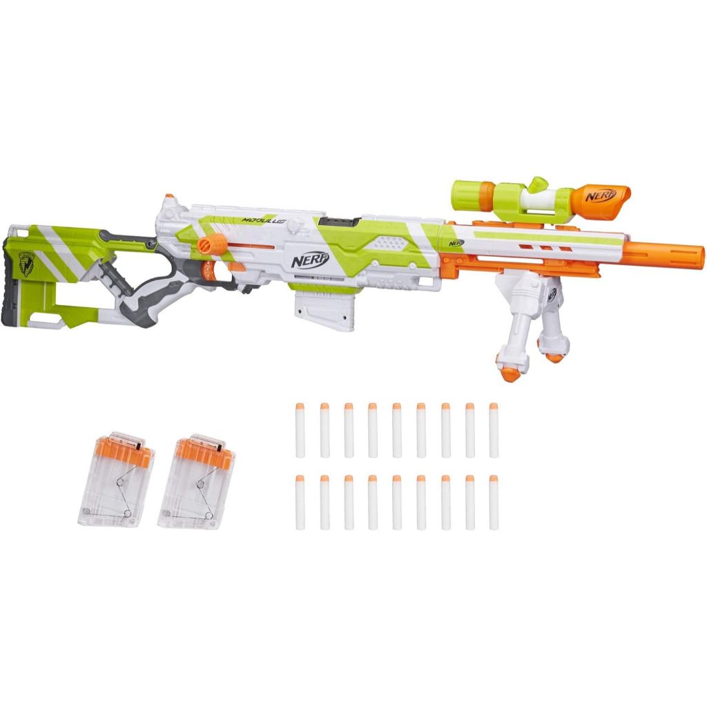 NERF Longstrike Modulus Toy Blaster with Barrel Extension, Bipod, Scopes, 18 Elite Darts