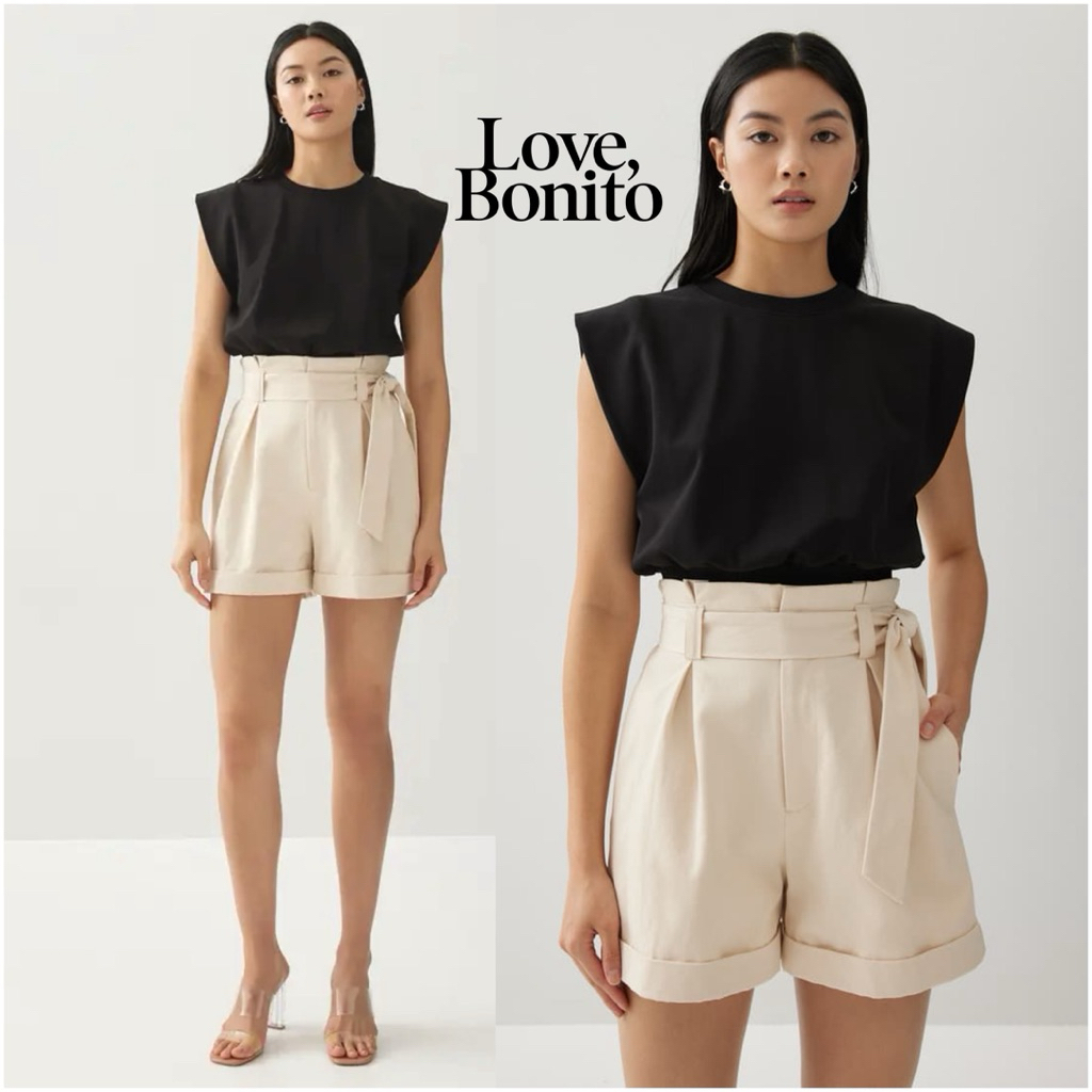 Love Bonito Macey Paperbag Shorts Cream High Waist HW Short Hot Pants Shorts Casual Sash Belted Beac