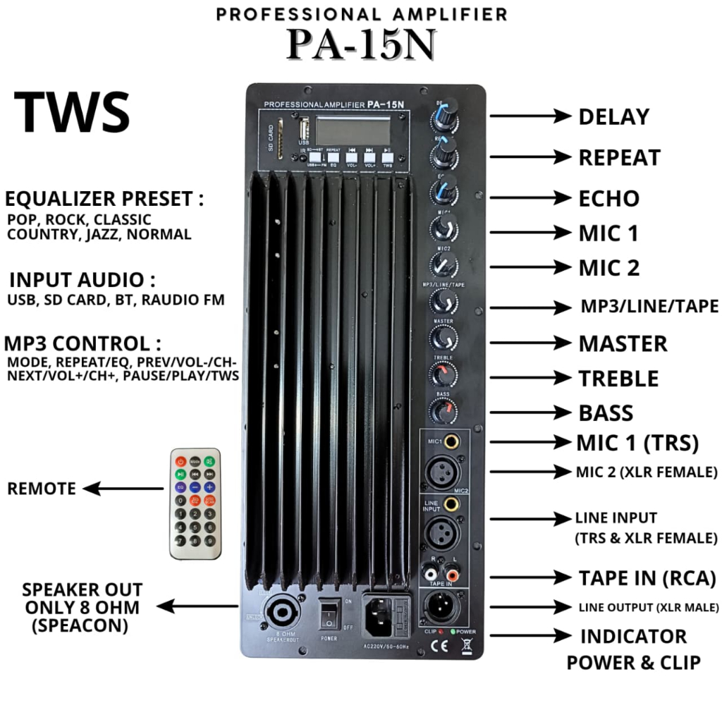 MESIN SPEAKER AKTIF 15 INCH POWER KIT PA-15N UKURAN 16 x 38 CM bluetooth free cable