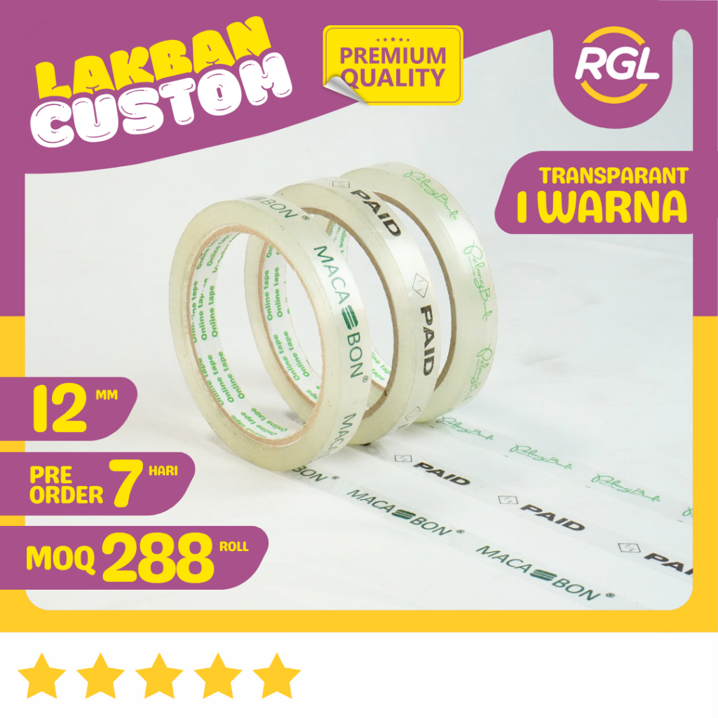 Cetak Lakban Custom Printing 12mm x 80 Yard x 45mic 1 Warna / Custom Lakban Brand Logo