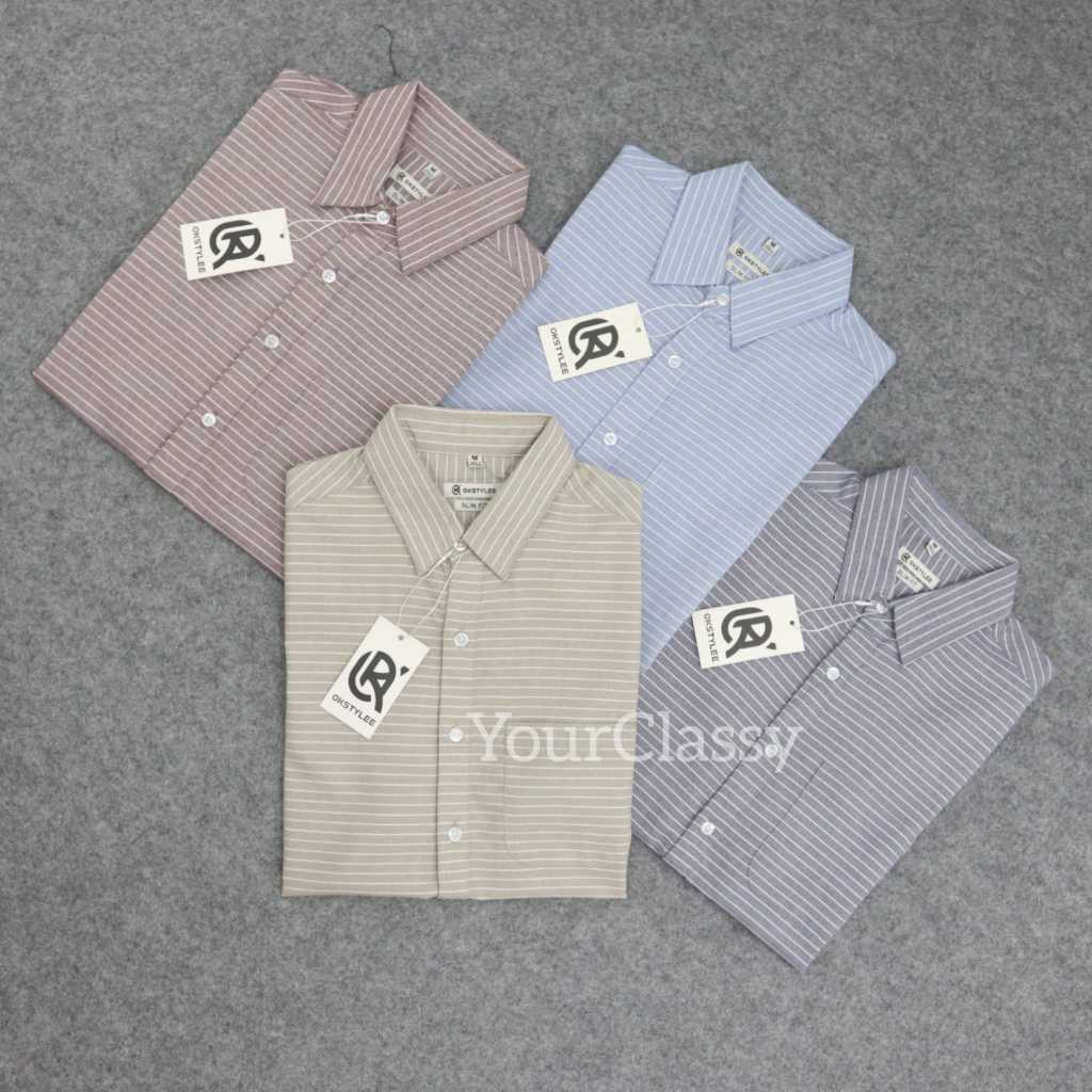 Kemeja Salur Stripe Pria Lengan Pendek Kemeja Pria Garis-Garis Kemeja Casual Pria