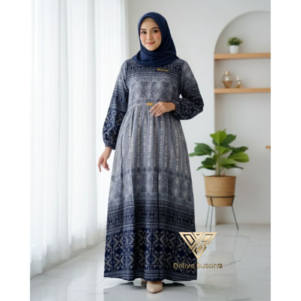 Midi Dress Rayon Motif etnik//Midi Dress Rayon lengan panjang//Homey Dress Rayon//Daster Rayon etnik