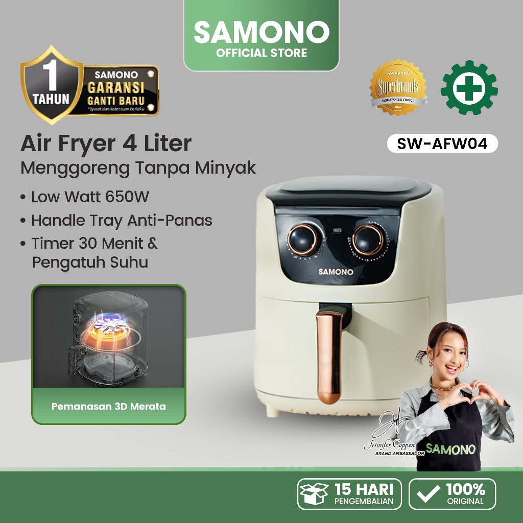 SAMONO Air Fryer 4 Liter 650 Low Watt Mesin Penggorengan Tanpa Minyak 7 Menu Masak SW-AFW04 White