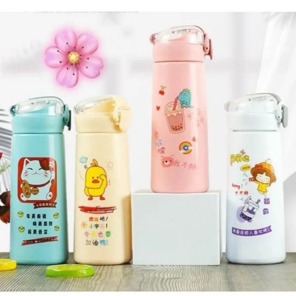Botol Kaca Tantiaobei 380ml Motif Animal Lucu | Botol Air Minum Kaca Warna Gambar Baby Animal Cute 3