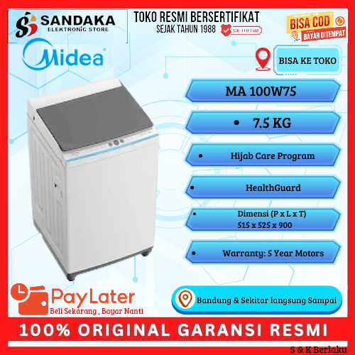 MESIN CUCI MIDEA 1 TABUNG 7,5KG MA 100W75 GARANSI RESMI