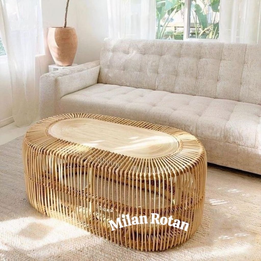 Meja kopi Rattan Aesthetic Minimalis | Table Coffe Rattan Natural Finishing