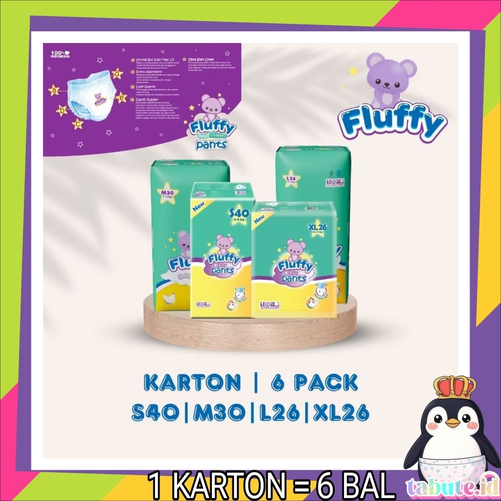 [1 KARTON ISI 6 BAL] FLUFFY Baby Pants Size S40/M30/L26/XL26 - Popok Celana - tabute.id