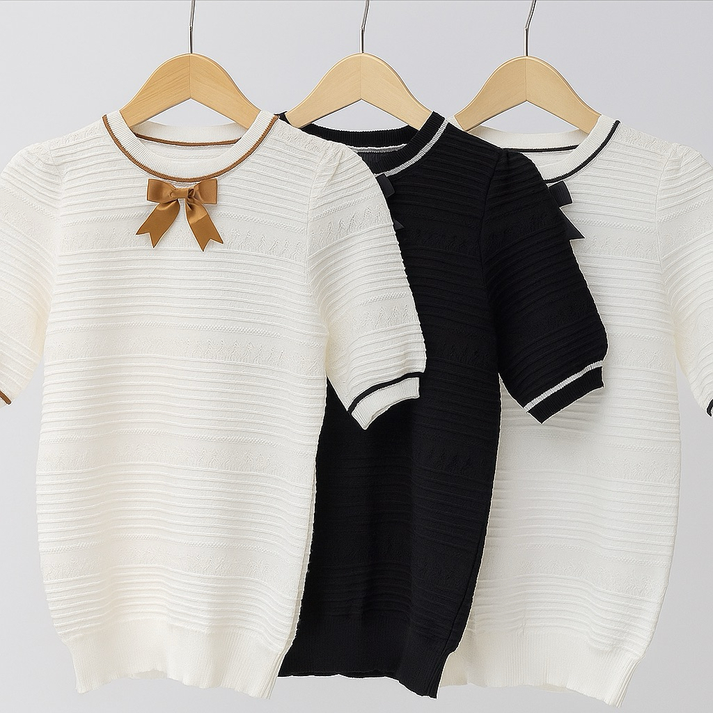 Rajutmu - Baju Rajut Wanita Motif Garis Blouse Knit Pita Leher Korean Style