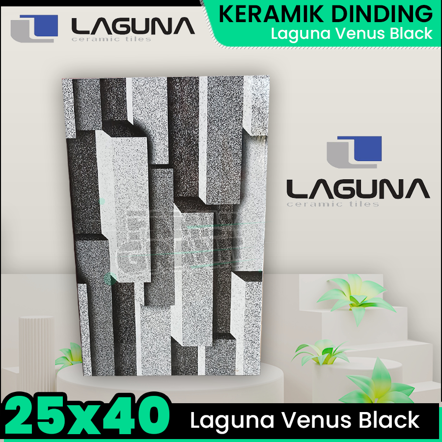 Keramik Dinding 25x40 Laguna Venus Black Wall Tile Motif 3D Hitam Glossy