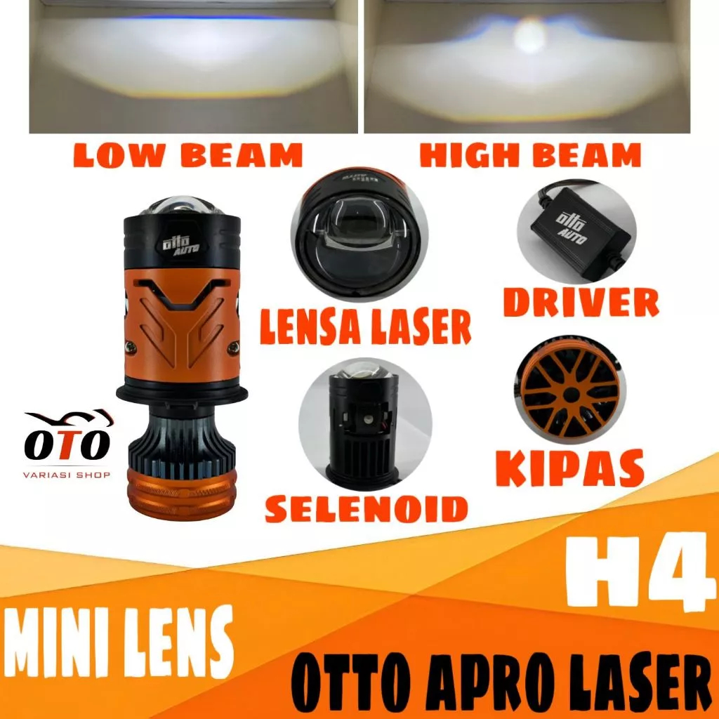 LAMPU MINI LENS OTTO AUTO APRO LASER MINI BILED H4 PREMIUM 80W SELENOID HI LOW BEAM CUT OFF FLAT PEM