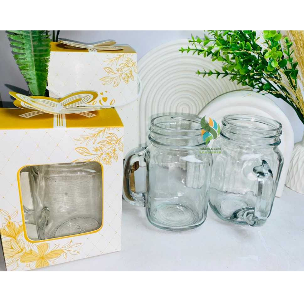 Souvenir Gelas Minum Mug Jar Gelas Kaca Gelas Drinking Jar Mug Gagang Kaca Jumbo Bening Polos