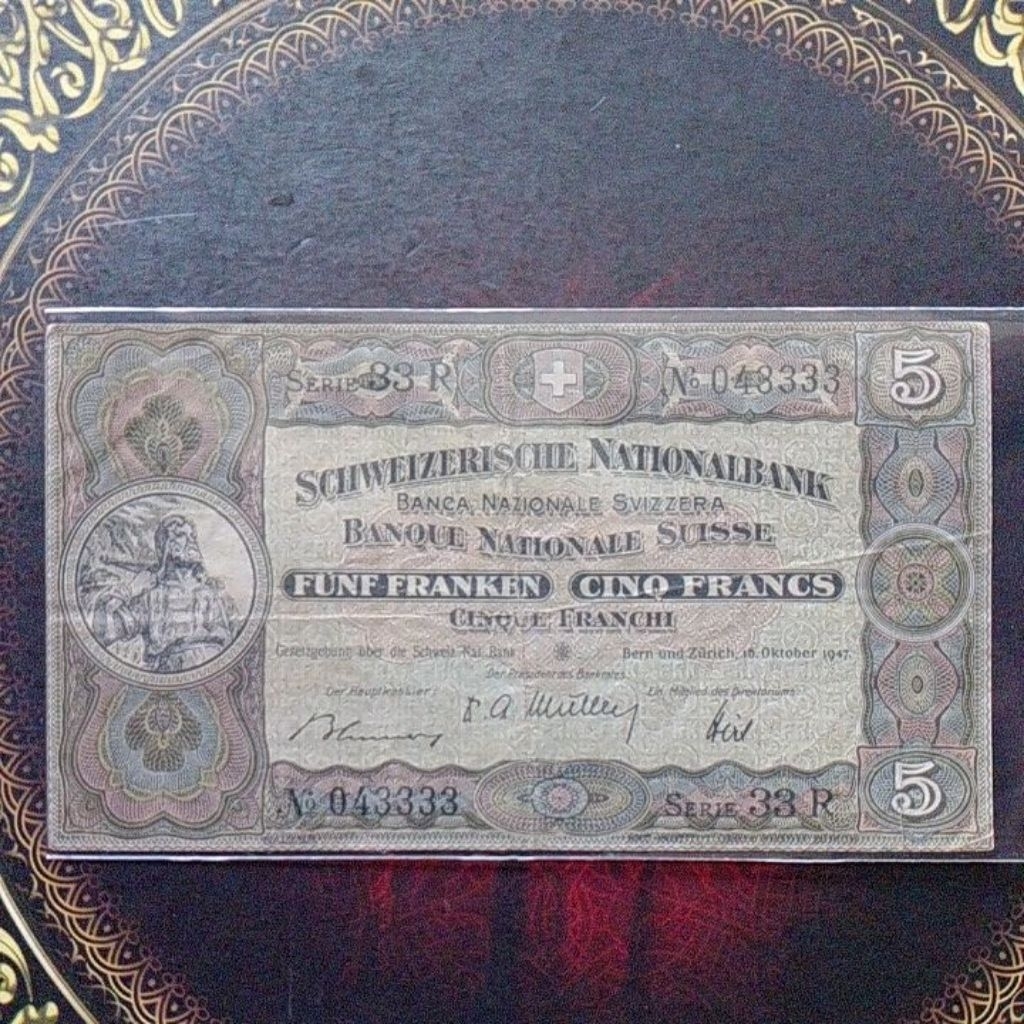 Uang Swiss Switzerland 5 Franc 1947 vf langka