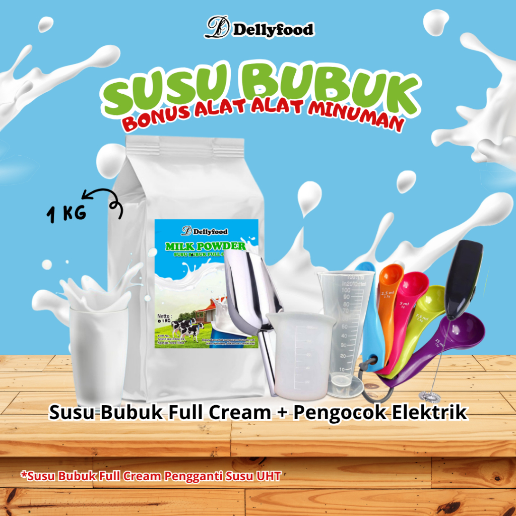 Susu Bubuk Dellyfood Full Cream Penganti Susu UHT Bonus Alat Alat Minuman Kemasan 1KG