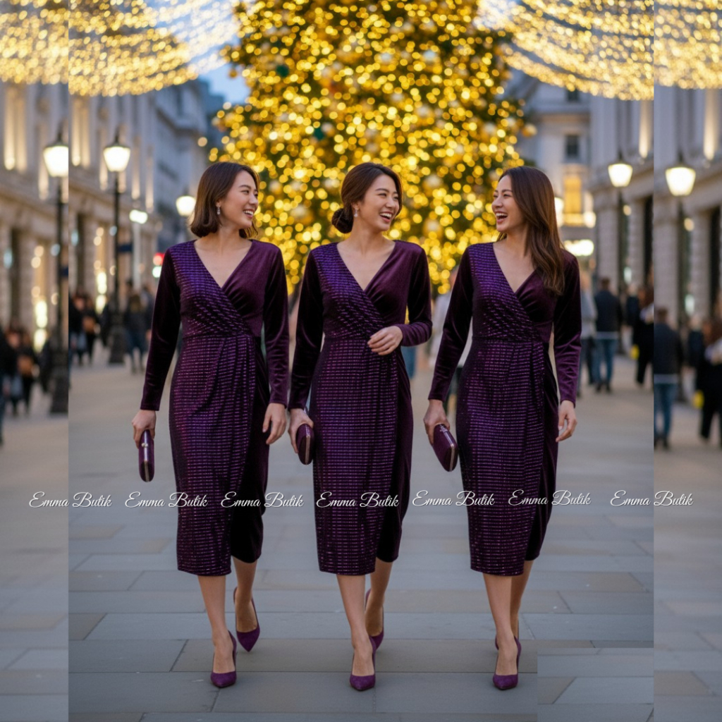 Emma.Butik E00630 Gaun Velvet Pesta Wanita Natal Slimfit Dress Midi Bodycon Kondangan Mewah Lengan P