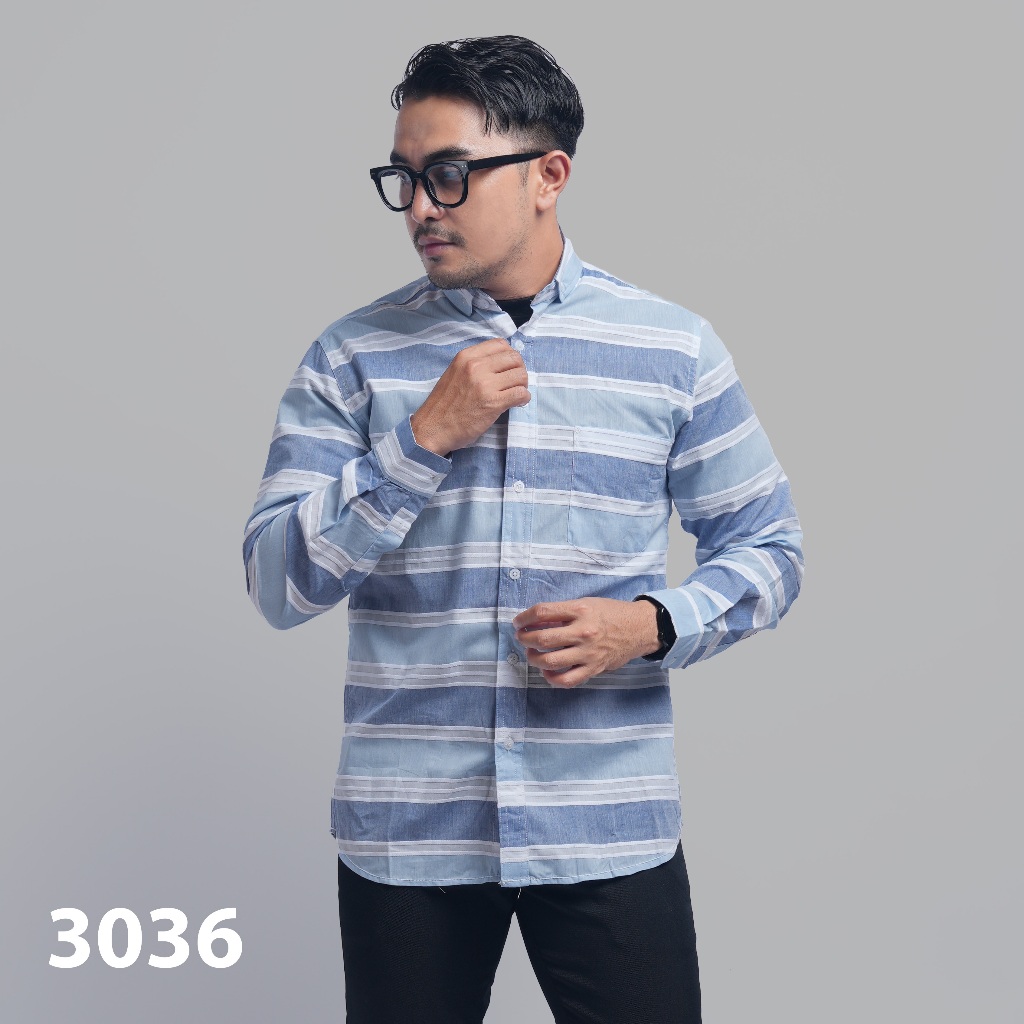 PAKAJI Kemeja Pria Salur Lengan Panjang Premium Kemeja Stripe Pria Kemeja Garis Pria Slimfit Biru Mu