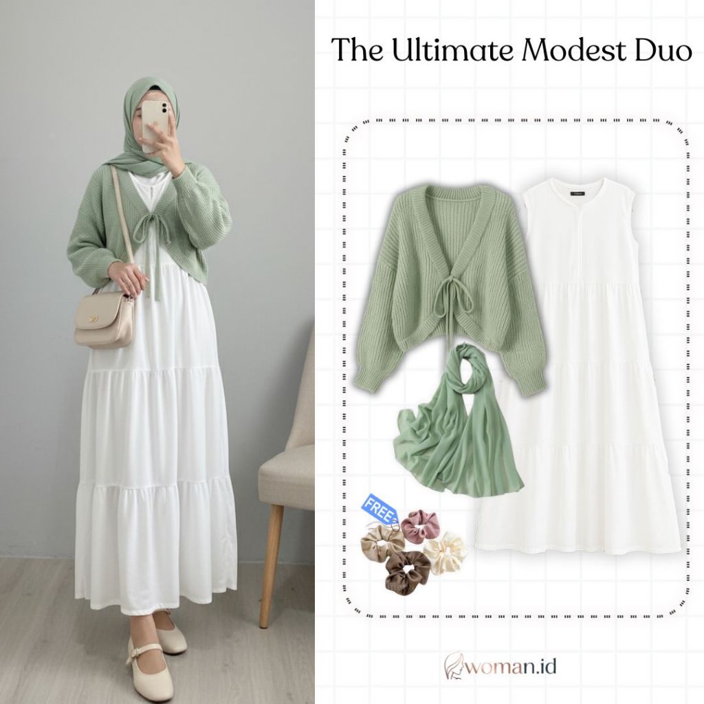 One Set Floral Dress| Inner Dress+Cardigan Bolero+Hijab Pashmina+Free Gift|Outfit Korea Style Remaja