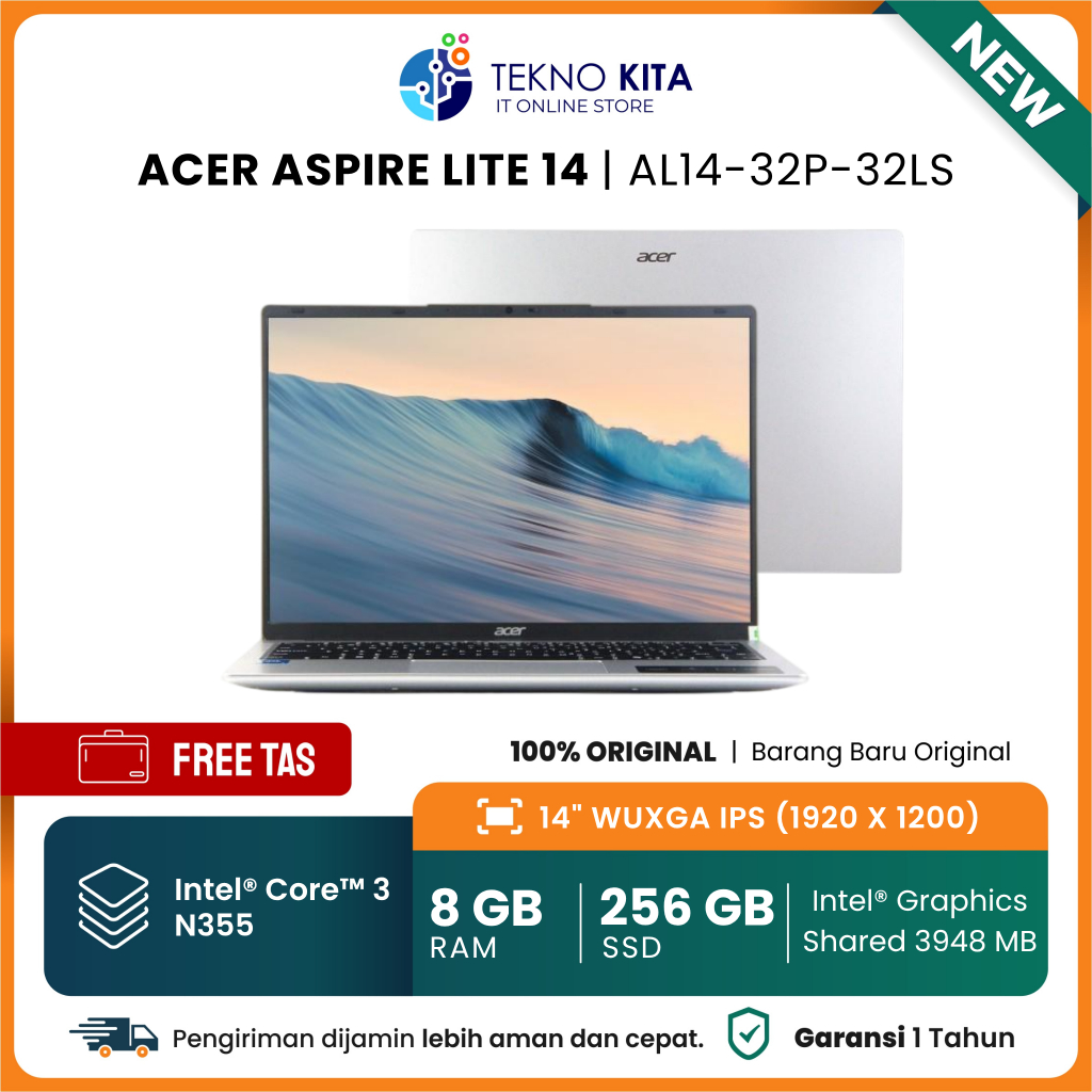 TERLARIS - LAPTOP ACER CORE 3 TERBARU - ACER ASPIRE LITE AL14-32P-32LS | CORE 3 N355 | RAM 8GB DDR5 