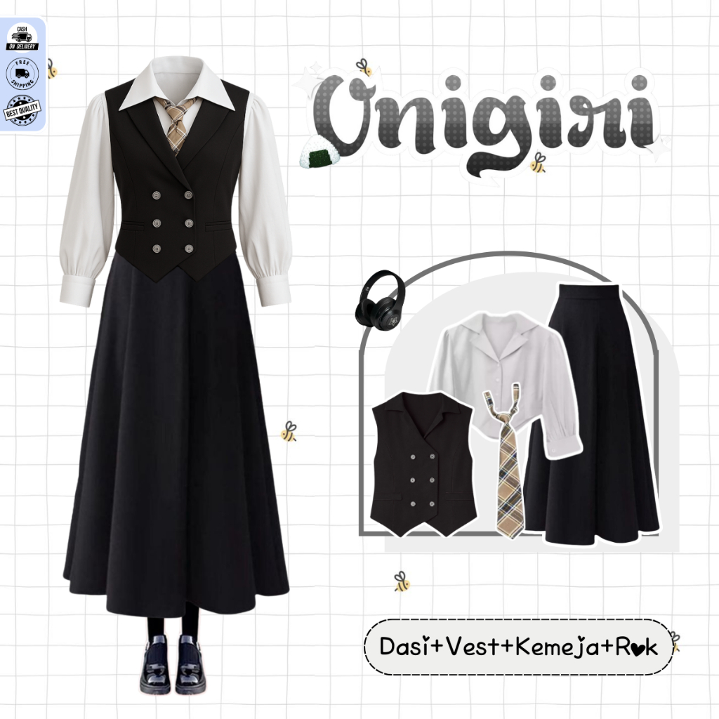 Anya Outfit Yearbook Dark Academia ( Dasi + Vest Hitam + Kemeja Puff Crop + Rok Joda Hitam ) - D30