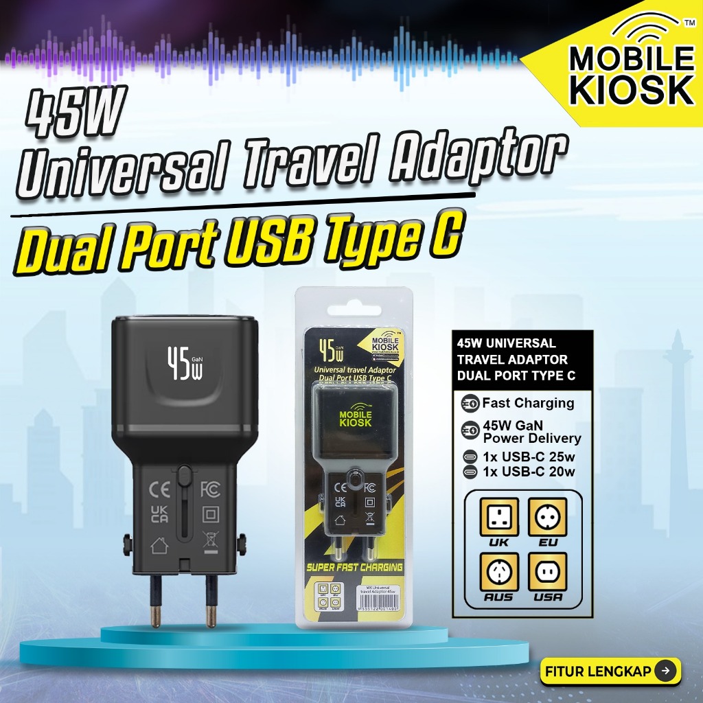 UNIVERSAL TRAVEL ADAPTOR DUAL PORT TYPE C 45W