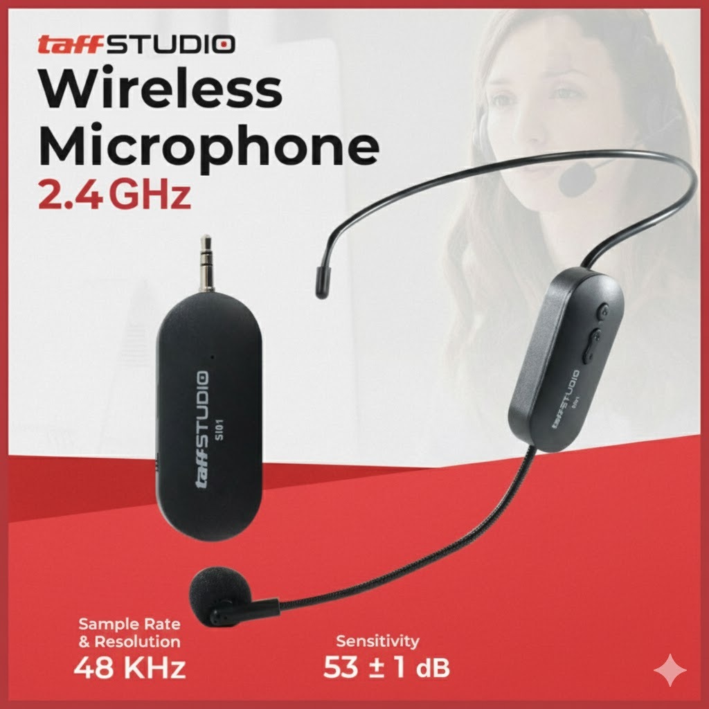 Mic Wireless Headset 2.4 GHz TAFFSTUDIO Mikrofon Nirkabel Konten Vlog Live Streaming HP Kamera